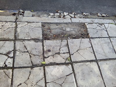 Κατεστραμμένα πλακάκια πεζοδρομίου στην οδό Ζηργάνου 36 (Βότση)