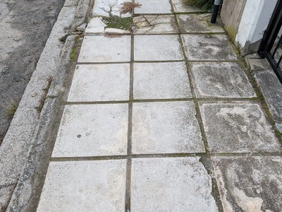 Φθορά πεζοδρομίου και επικίνδυνες λακούβες στο δρόμο 	Ρήγα Φεραίου